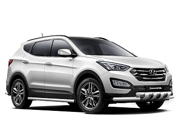 Защита переднего бампера двойная с пластинами d63мм на Hyundai Santa Fe